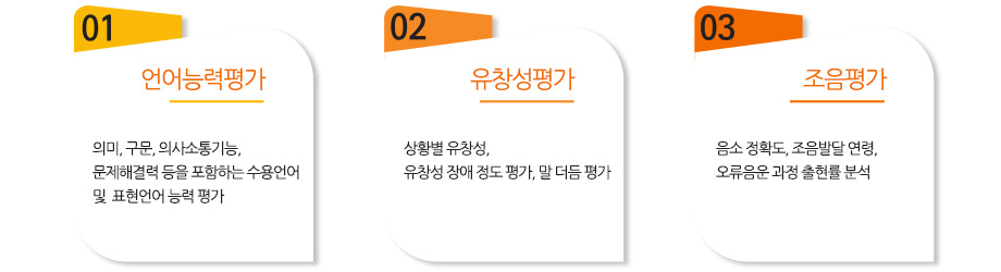 1.언어능력평가:의미, 구문, 의사소통기능, 문제해결력 등을 포함하는 수용언어 및 표현언어 능력 평가,2.유창성평가:상황별 유창성, 유창성 장애 정도 평가, 말 더듬 평가,3. 조음평가음소 정확도, 조음발달 연령, 오류음운 과정 출현률 분석